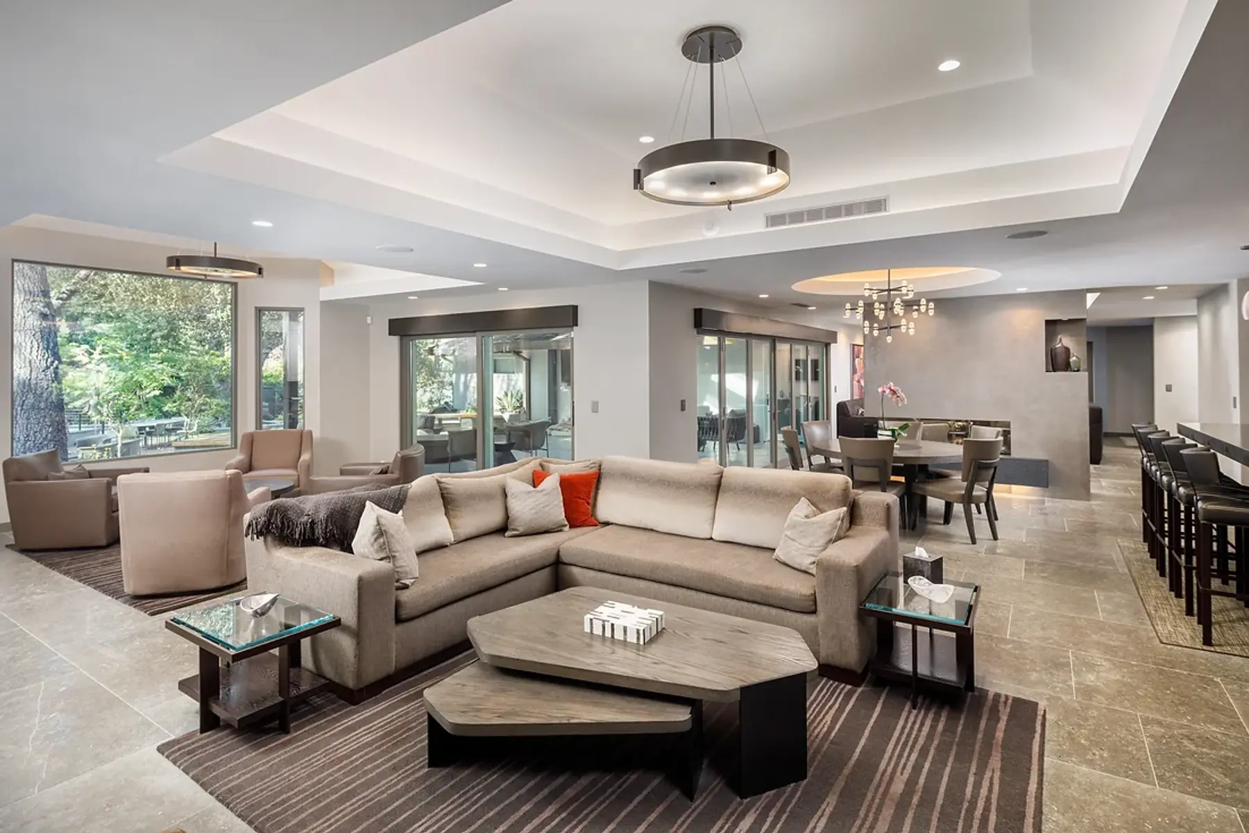 Padres Drive — chef’s kitchen with island seating and pendant lighting