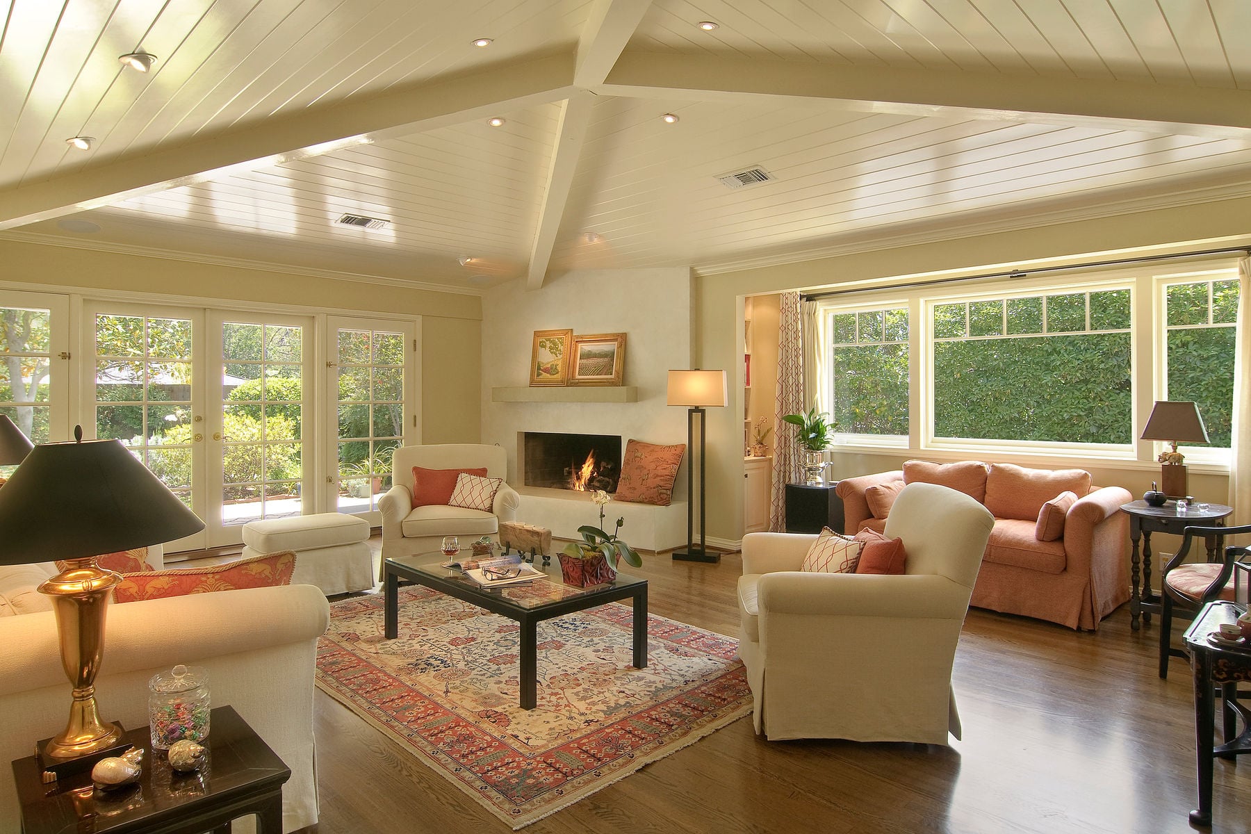 Arroyo Terrace — living room with opened hipped ceiling revealing structure