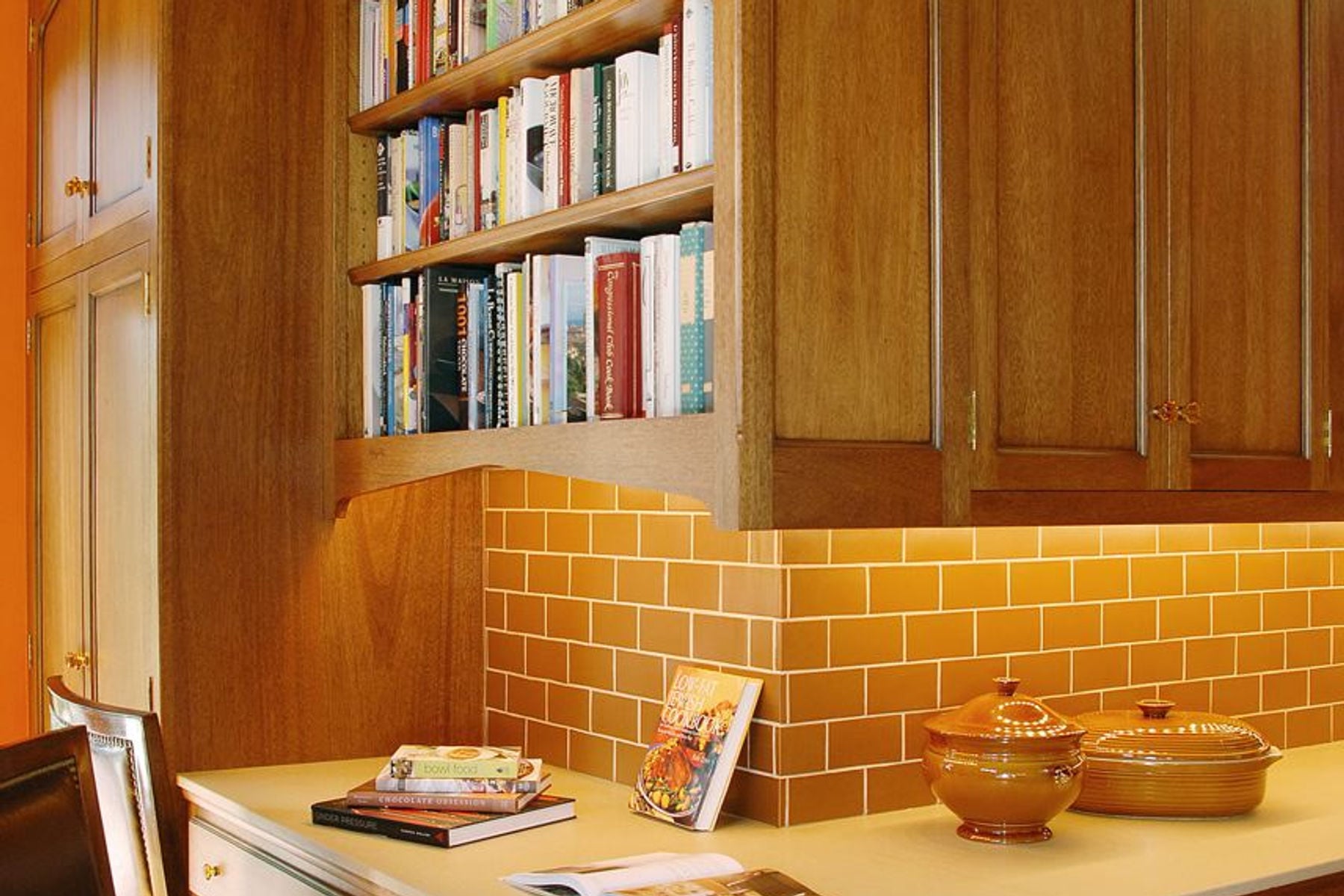 Los Feliz — scullery pantry with open shelving and marble counters